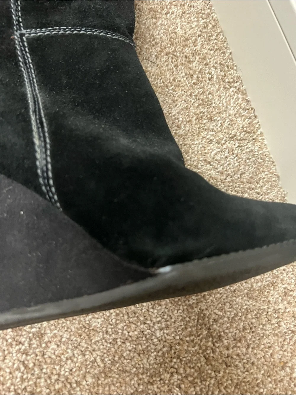 Genuine Stylish black suede knee boots with a comfortable wedge heel.